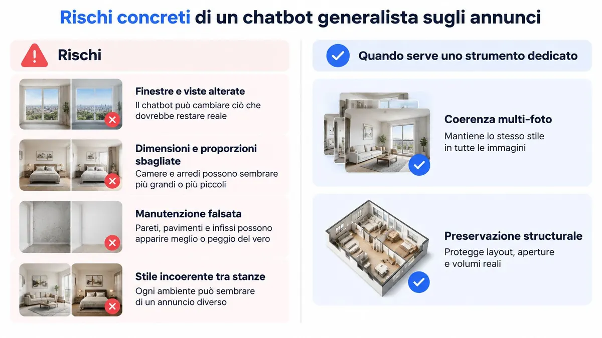 Confronto tra i rischi dell'uso di chatbot generici e i benefici di strumenti specializzati nel virtual staging immobiliare.