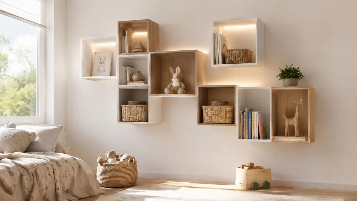 Cameretta luminosa per bambini con mensole a cubo moderne in legno e decorazioni in stile scandinavo