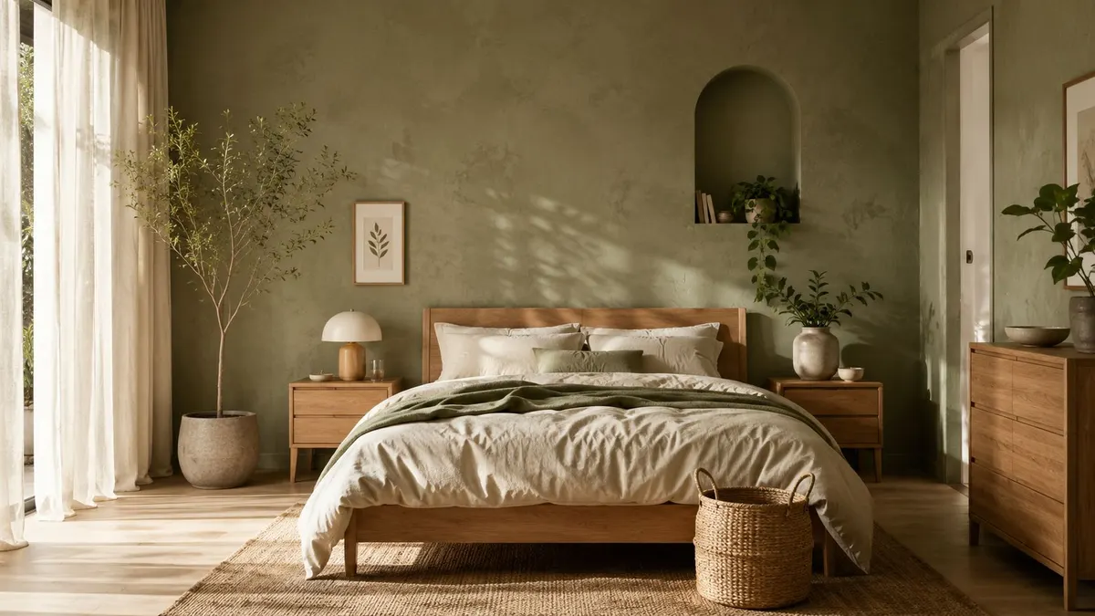 Una camera da letto elegante con pareti color verde salvia, mobili in legno naturale e decorazioni botaniche rilassanti.