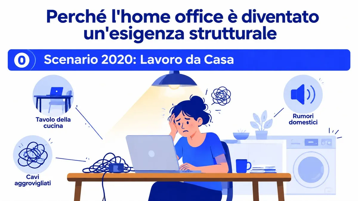 Illustrazione di una persona stressata che lavora al computer in una caotica postazione domestica improvvisata.