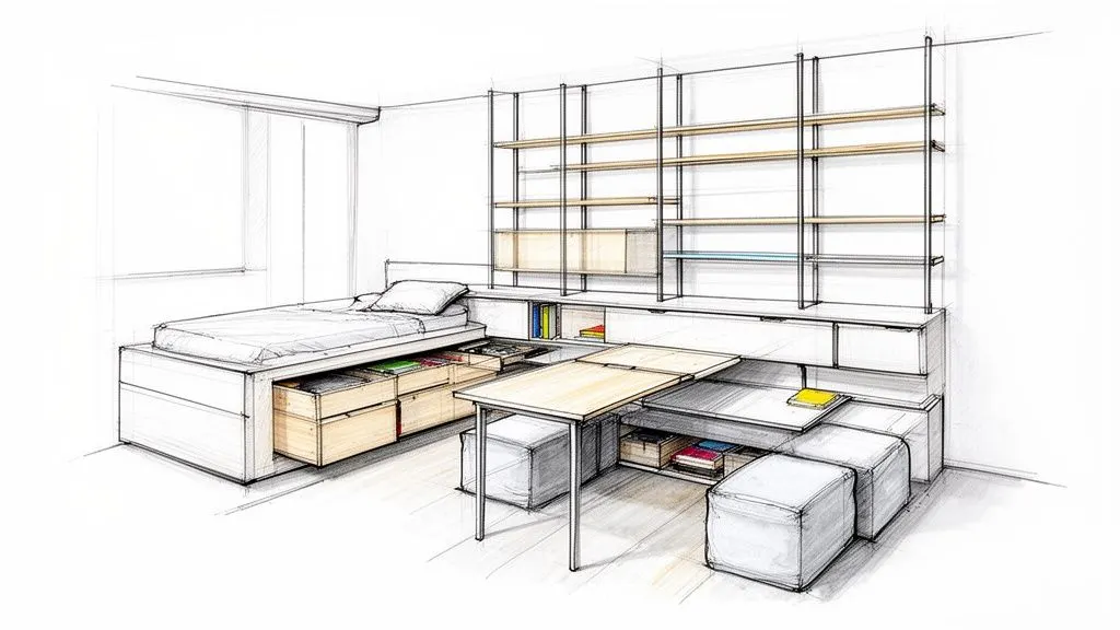 Schizzo di un ambiente moderno multifunzionale con letto con cassetti, scrivania estraibile e scaffalatura a parete.