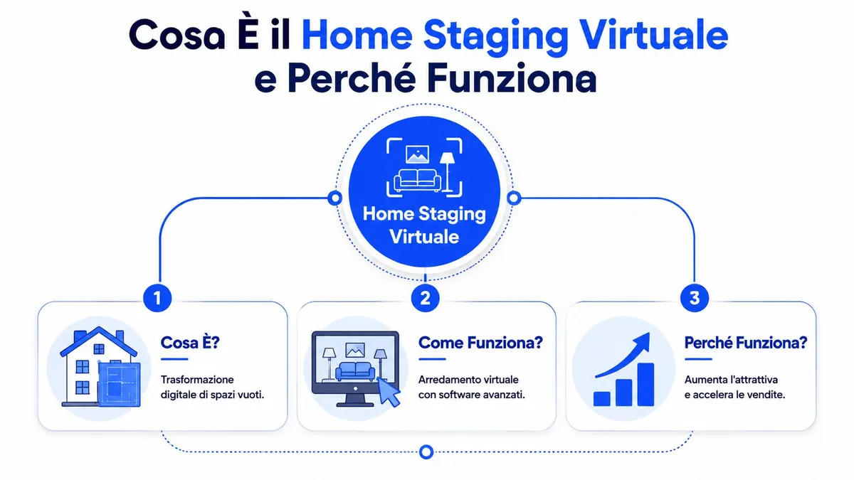 Un infografica sul home staging virtuale, spiegando cos'è, come funziona e perché accelera le vendite immobiliari.