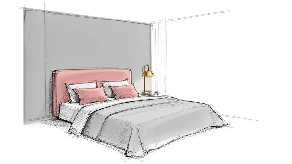 Schizzo di una camera da letto moderna con testiera rosa, parete grigia, letto con coperta grigia e lampada dorata.