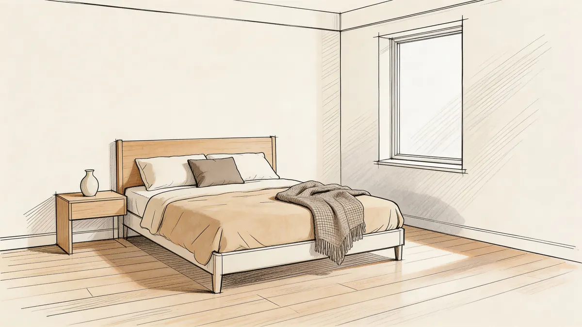 Un accogliente disegno stilizzato di una camera da letto matrimoniale con colori neutri e naturali.