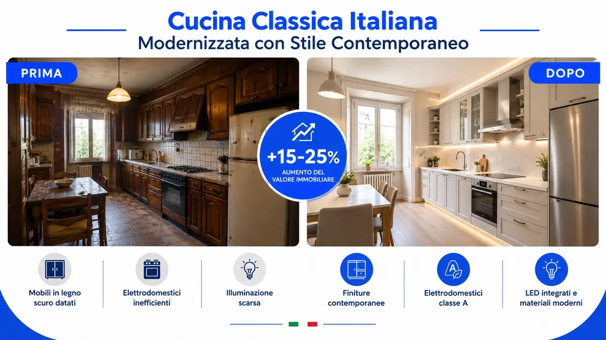 Confronto prima e dopo di una ristrutturazione cucina italiana, trasformando mobili scuri datati in stile contemporaneo luminoso.