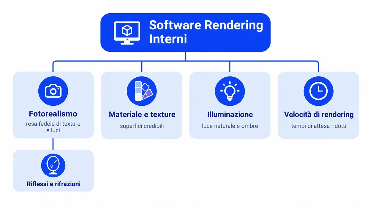 Diagramma che illustra le caratteristiche principali dei software di rendering per interni, inclusi fotorealismo, materiali, illuminazione e velocità.