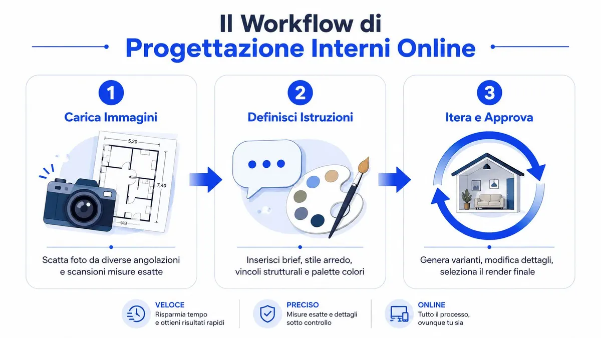 Infografica che illustra il processo di progettazione di interni online in tre semplici passaggi per i clienti.