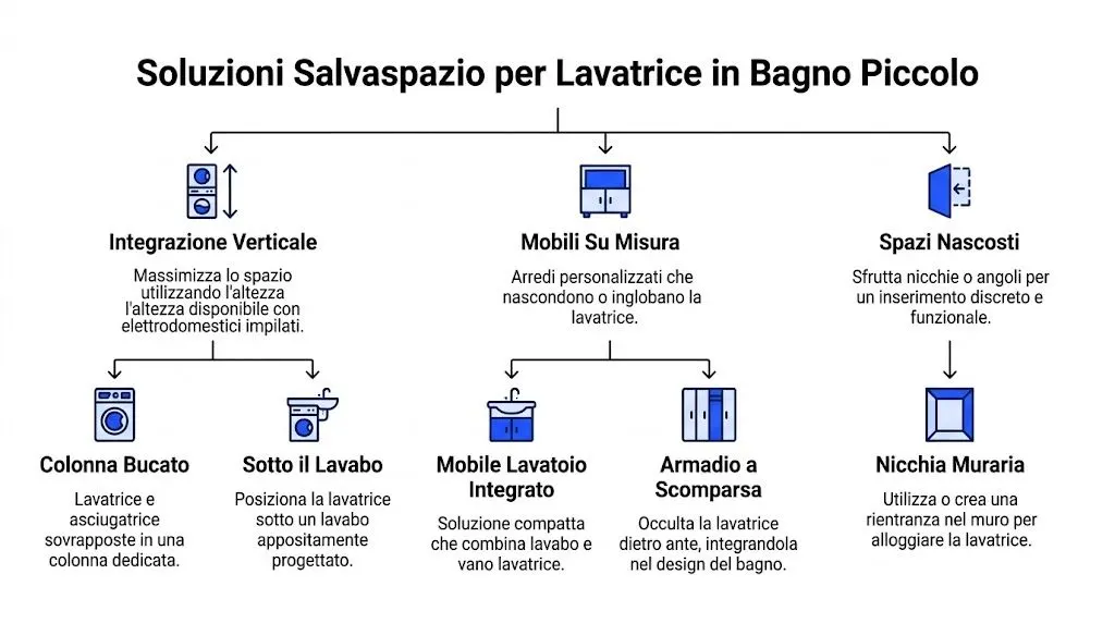 Schema grafico che illustra diverse soluzioni salvaspazio per installare la lavatrice in un bagno di piccole dimensioni.