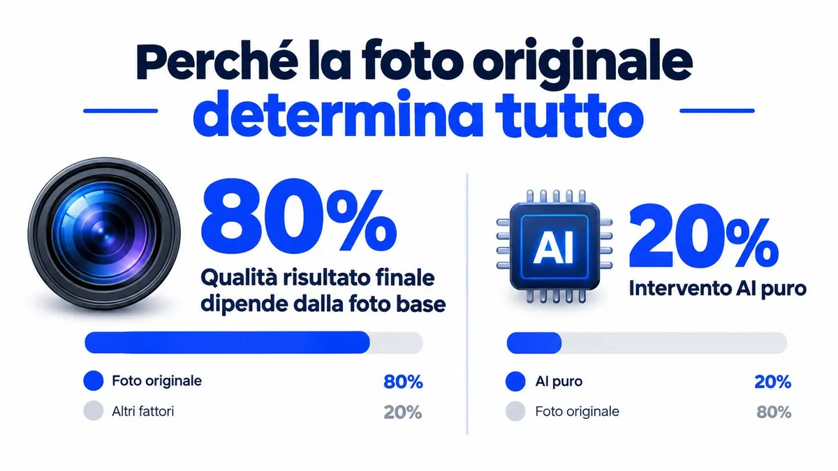 Un grafico infografico che spiega perché la qualità della foto originale influisce sul risultato finale del virtual staging.