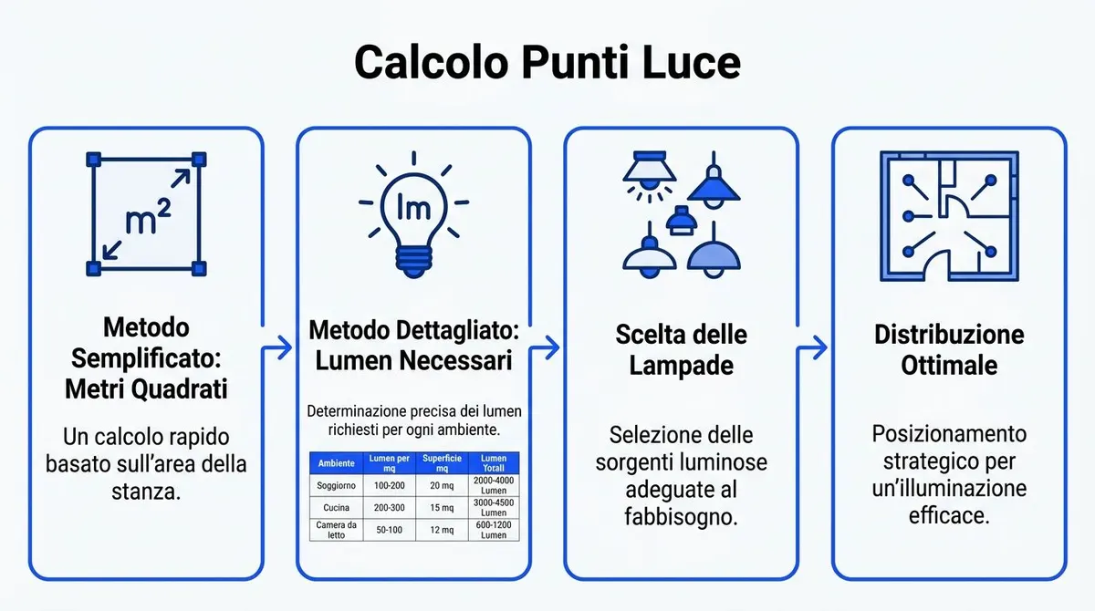 Infografica che illustra il processo di calcolo dei punti luce in casa basato su metri quadrati e lumen.