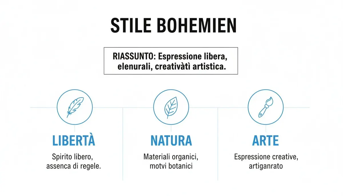 Infografica sullo stile bohémien, che evidenzia libertà, natura e arte con icone descrittive e testi esplicativi.