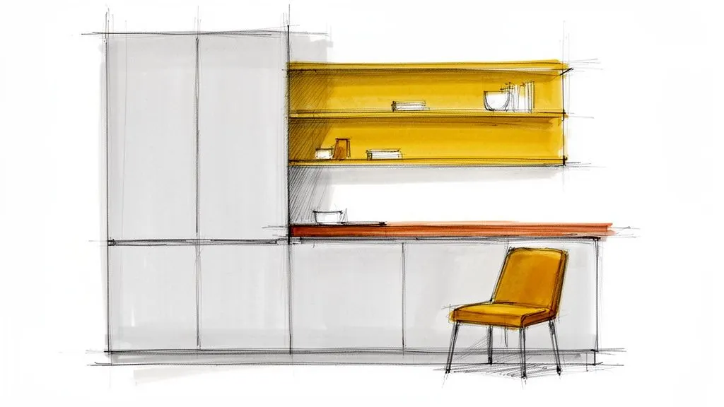 Schizzo di cucina moderna con mobili grigi, mensole gialle e sedia gialla, un design accattivante.