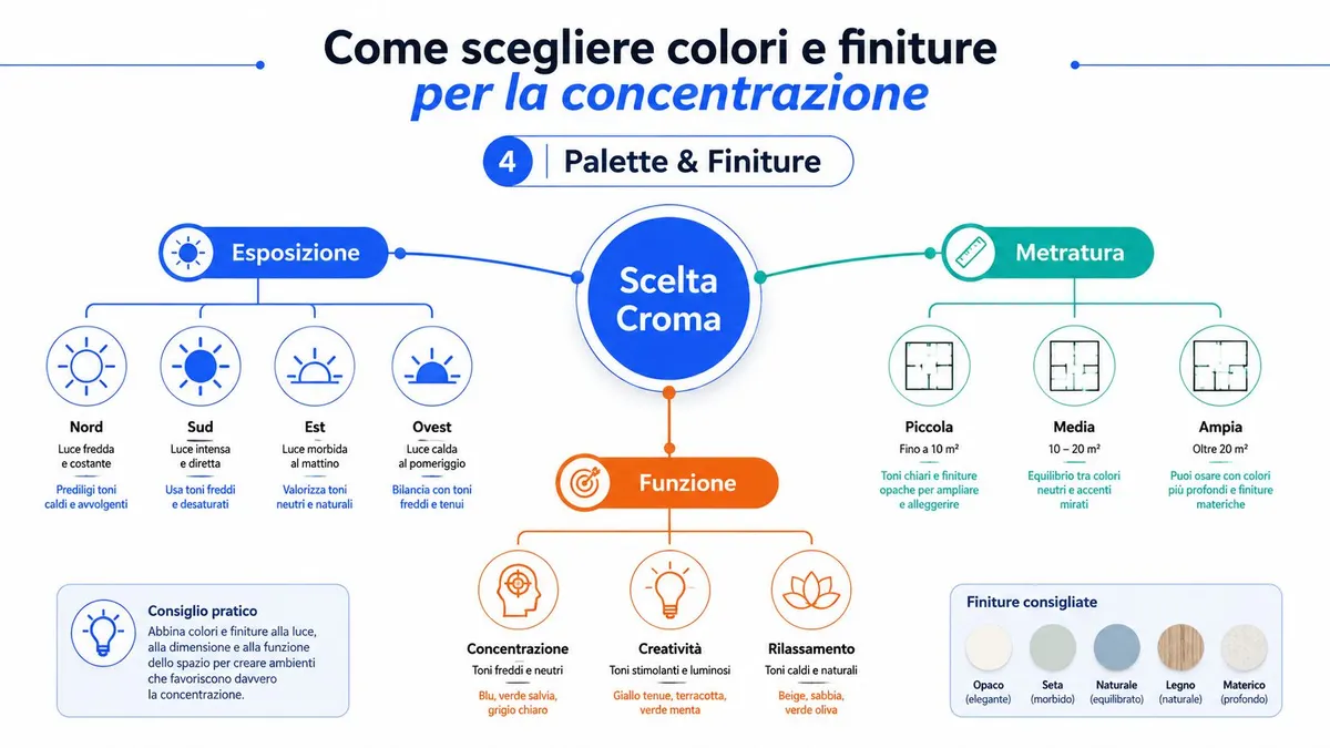 Infografica che guida nella scelta di colori e finiture ideali per migliorare la concentrazione negli spazi di lavoro.