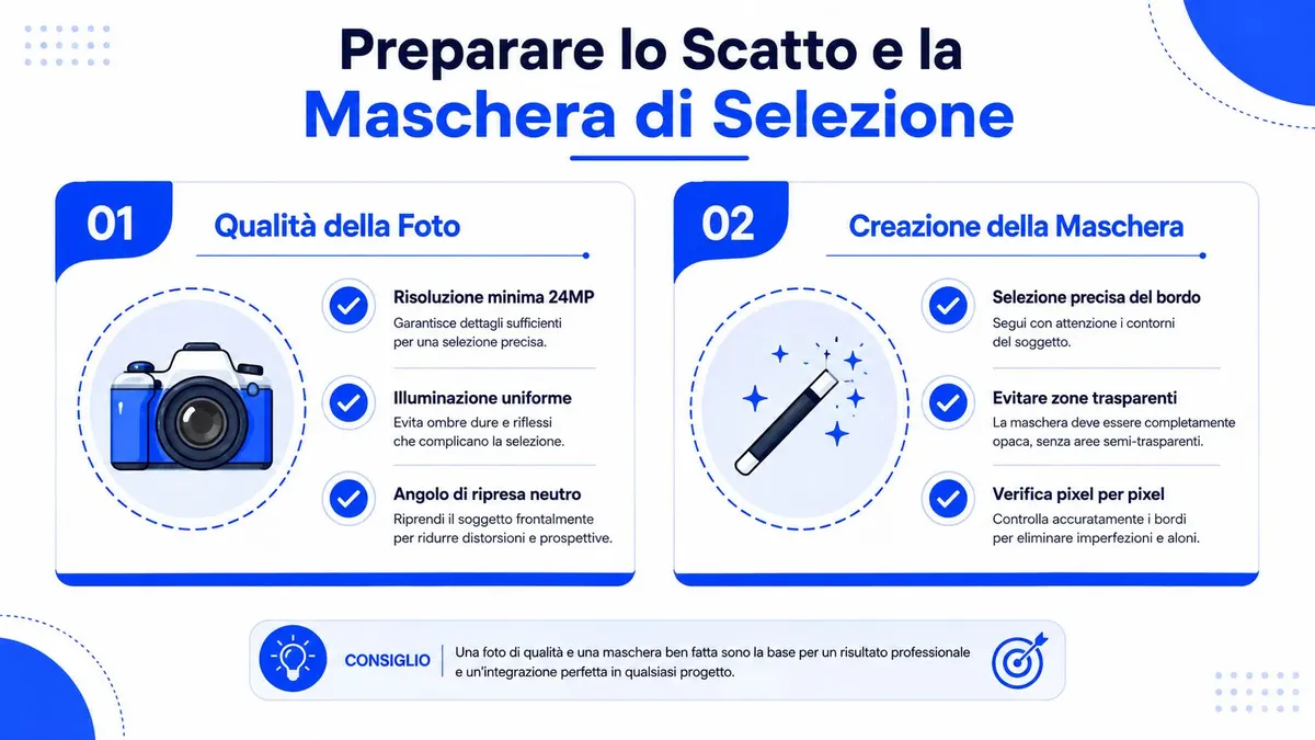 Infografica che illustra le linee guida per scattare foto di alta qualità e creare maschere di selezione precise.