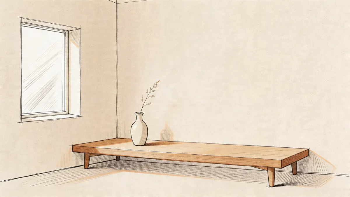Uno schizzo artistico che mostra una panca in legno minimalista con un vaso sotto una finestra luminosa.