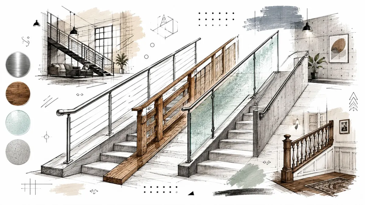 Disegno artistico dettagliato che mostra diverse opzioni di design per ringhiere di scale moderne e classiche.