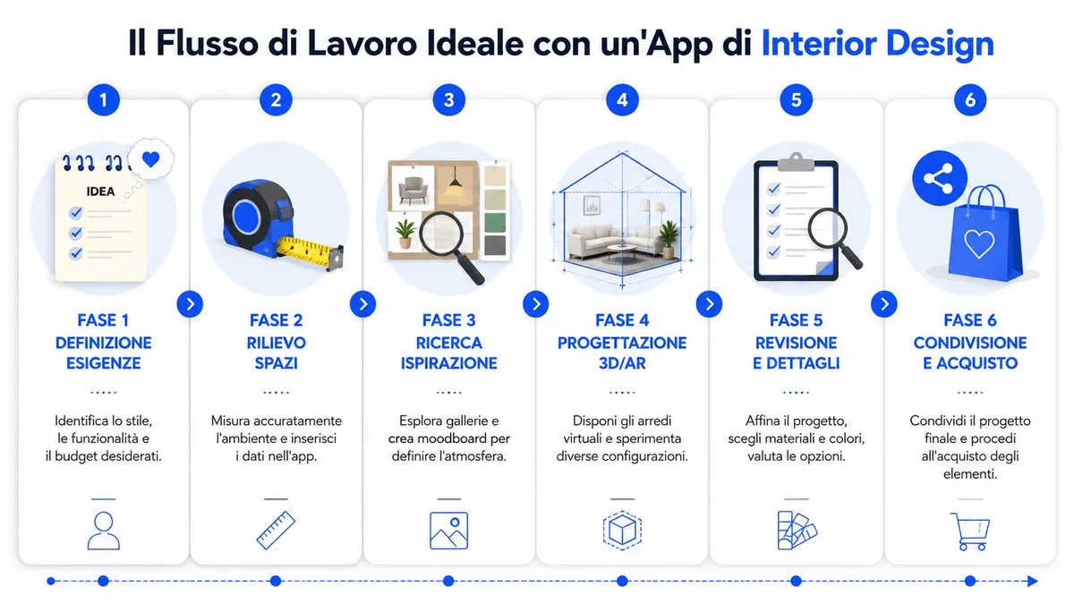 Infografica illustrante le sei fasi del flusso di lavoro ideale per arredare una casa tramite un'app dedicata.