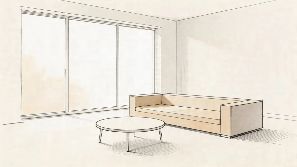 Un elegante schizzo architettonico di un soggiorno moderno con un divano minimalista e un tavolino rotondo.