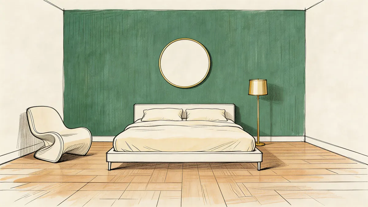Illustrazione stilizzata di una camera da letto con parete verde, letto matrimoniale, poltrona moderna e lampada dorata.