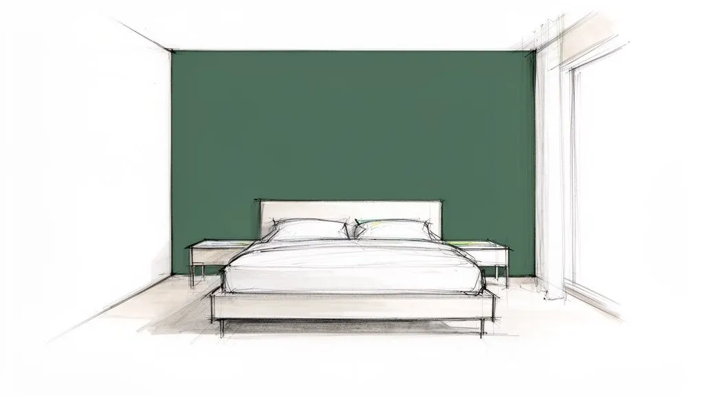 Schizzo dettagliato di una camera da letto moderna con parete verde, letto e comodini.