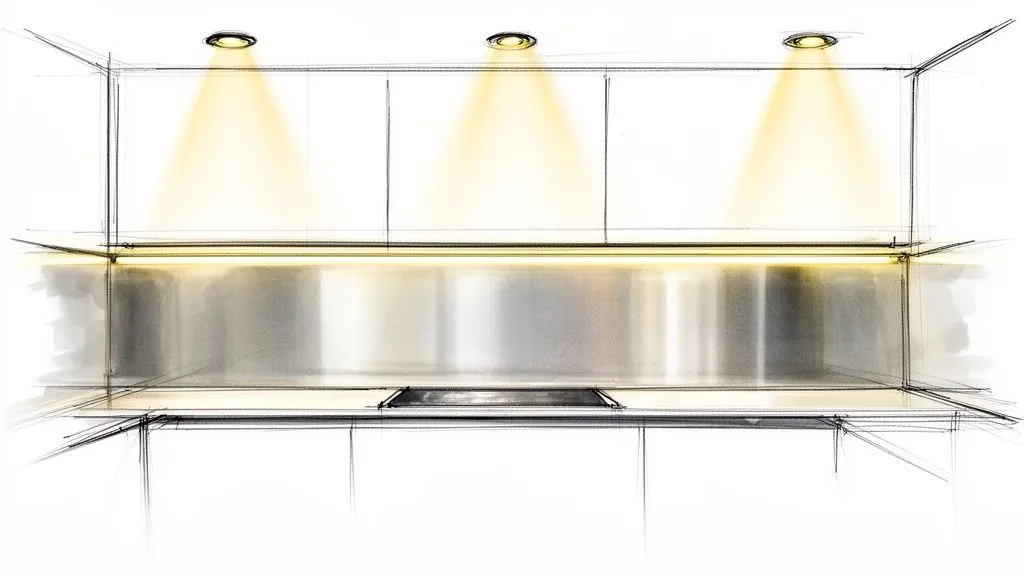 Schizzo dettagliato di una moderna cucina, con faretti incassati e illuminazione sottopensile, su sfondo bianco.