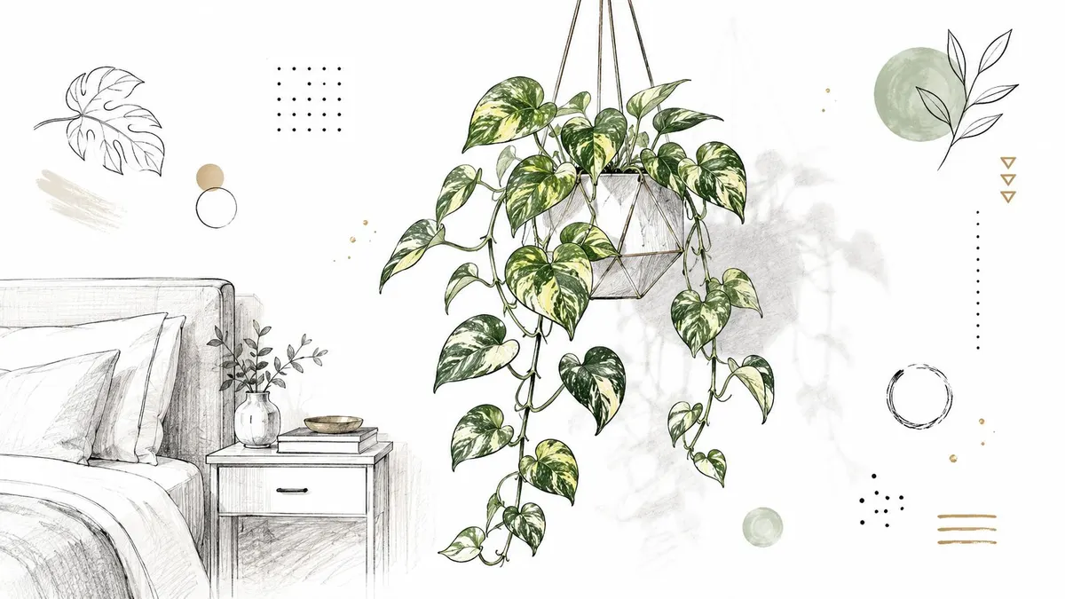Illustrazione artistica in bianco e nero di una camera da letto moderna con una pianta rampicante appesa