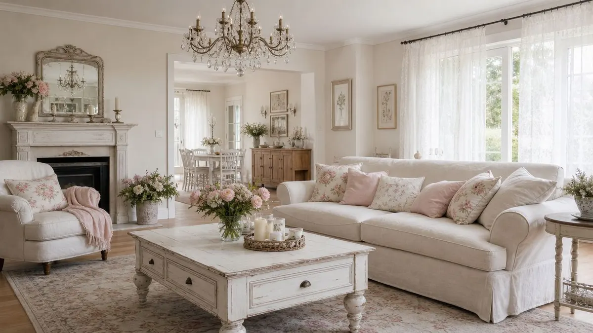 Soggiorno elegante in stile shabby chic con divano chiaro, poltrona, camino decorativo e fiori freschi decorativi.