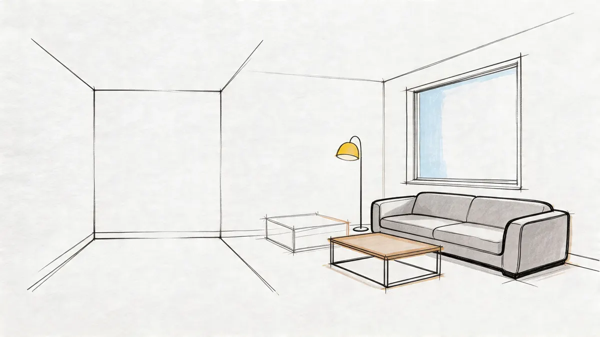 Un bozzetto architettonico che mostra un soggiorno moderno con un divano, un tavolino e una lampada da terra.