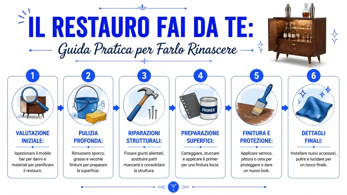 Infografica illustrata con sei passaggi pratici per restaurare e far rinascere un mobile bar vintage degli anni cinquanta.