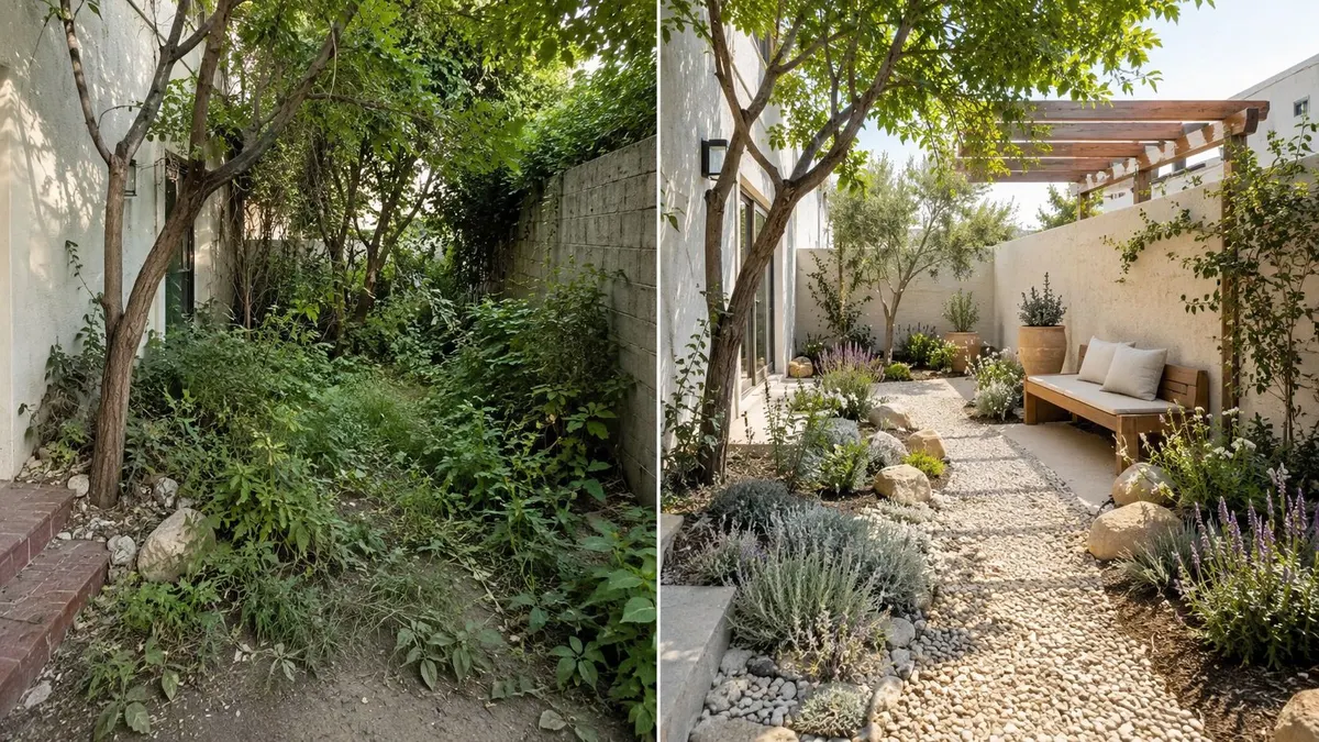 Trasformazione di un giardino trascurato in un cortile moderno ed elegante con panchina e ghiaia.