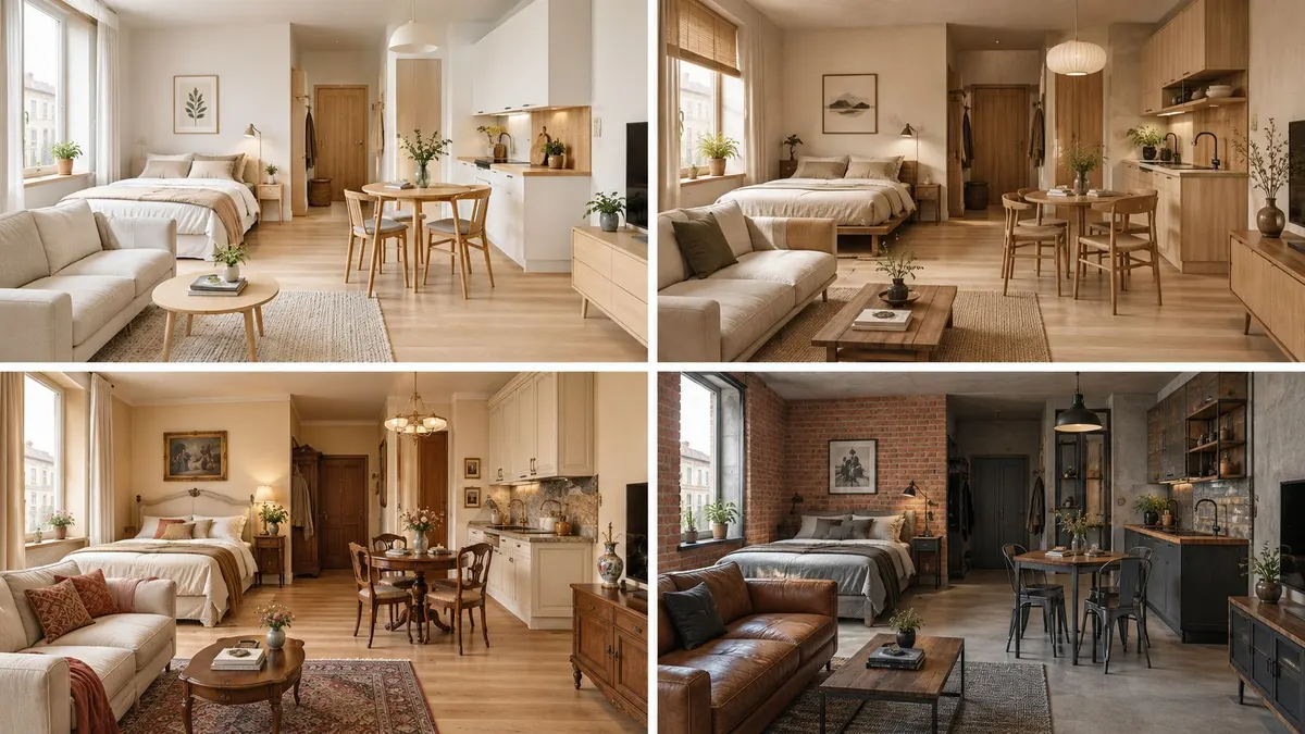 Quattro diverse viste dello stesso appartamento monolocale arredato con stili di design interni vari e moderni.