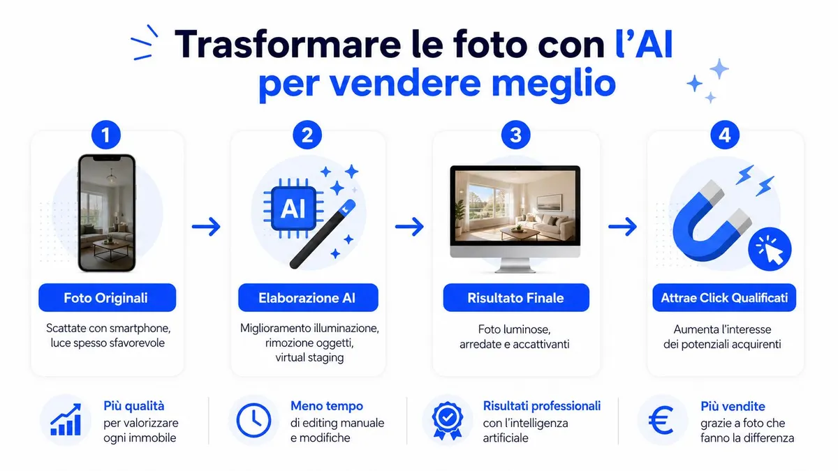 Infografica che mostra come trasformare le foto di immobili con l'intelligenza artificiale per vendere più velocemente.