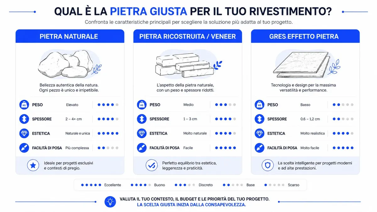 Grafico comparativo che mostra le caratteristiche di pietra naturale, ricostruita e gres effetto pietra per rivestimenti.
