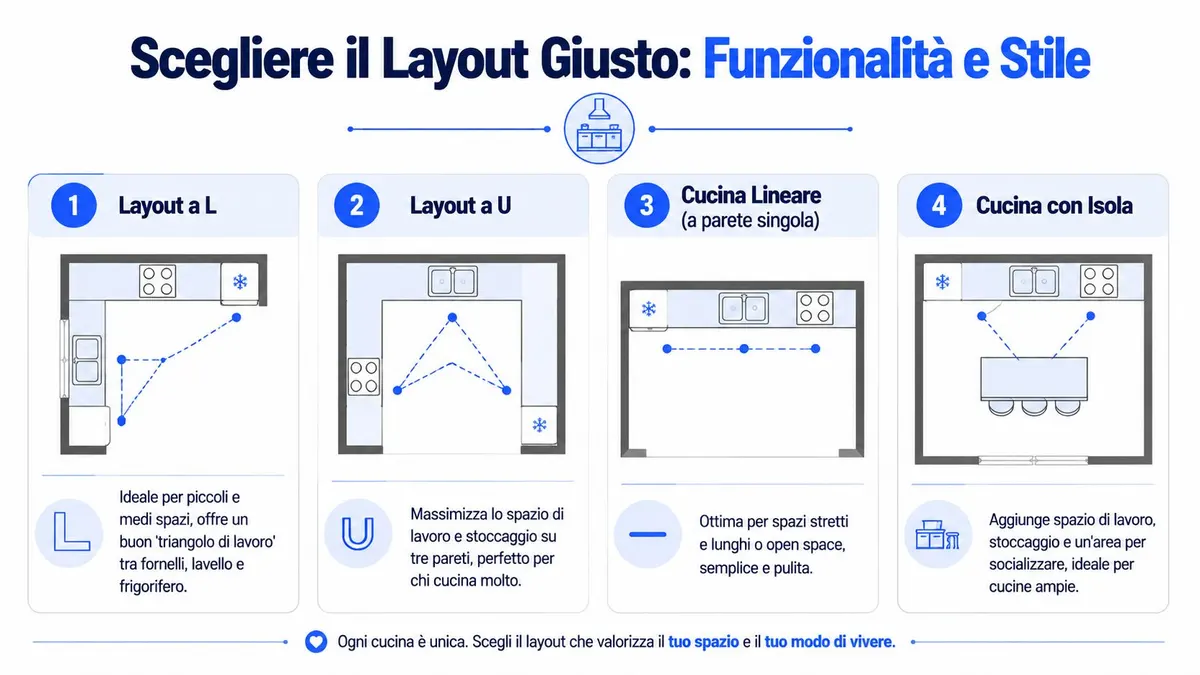 Grafico informativo che illustra quattro diverse tipologie di layout per la progettazione e organizzazione di una cucina.