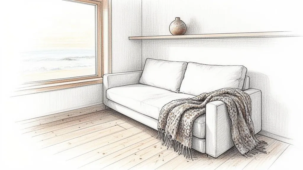 Un disegno a matita di un soggiorno minimalista con divano bianco, coperta, finestra sul mare e pavimento in legno.