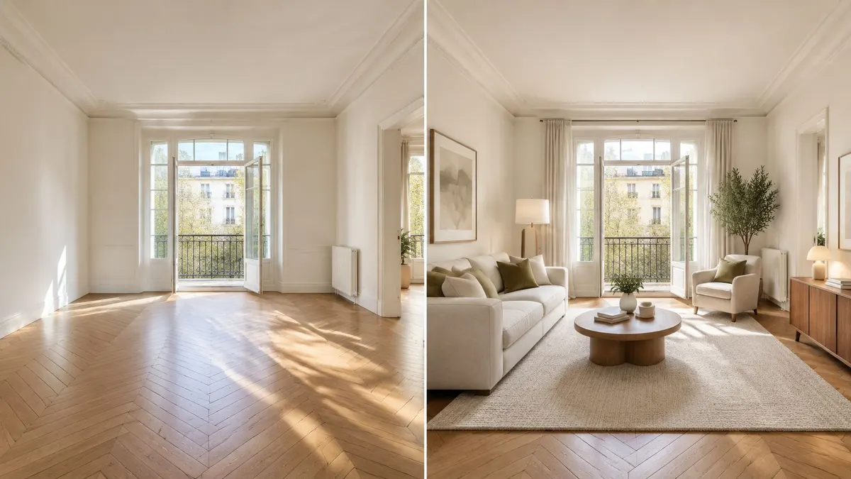 Confronto tra una stanza vuota e una versione arredata con virtual staging in stile moderno chic.