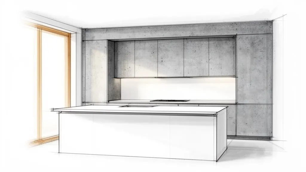 Schizzo dettagliato di una moderna cucina con isola, armadietti in cemento e luce naturale.