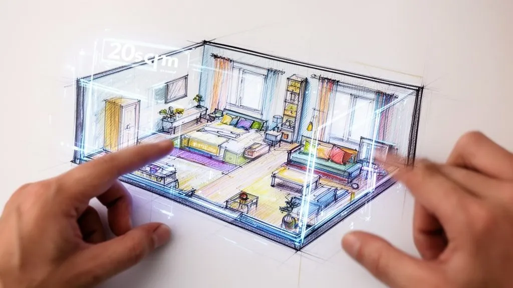 Una mano interagisce con un rendering olografico digitale di un progetto d'interni per un monolocale da 20mq.
