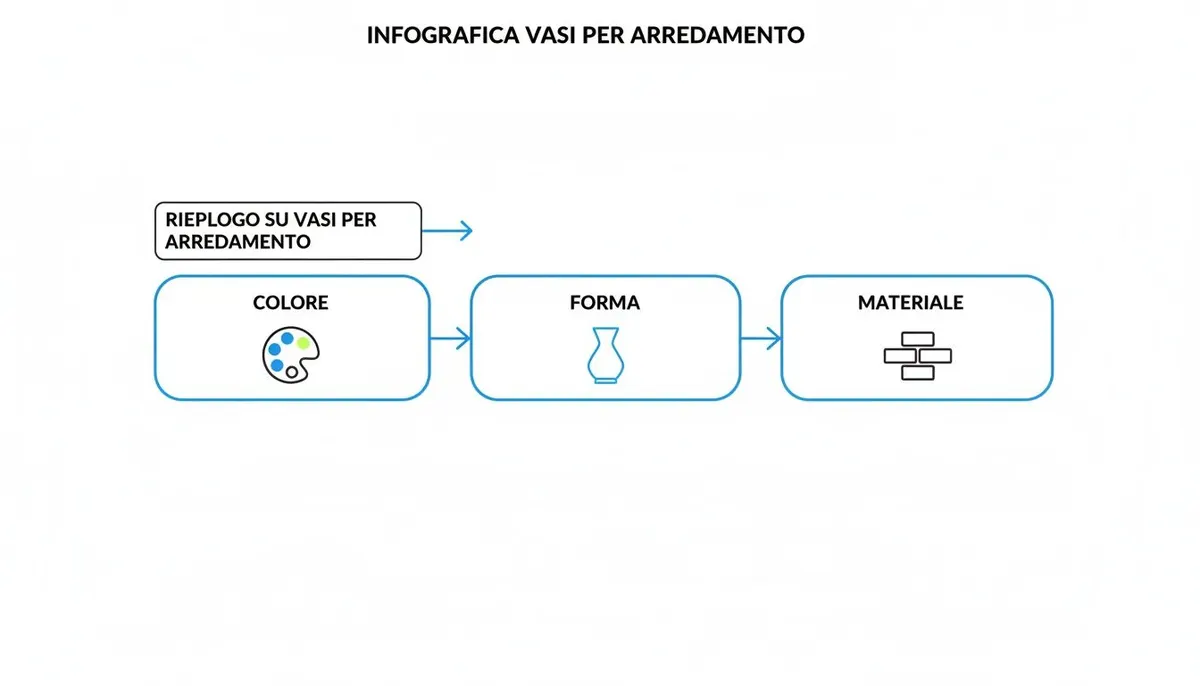 Infografica che riassume le caratteristiche principali dei vasi per arredamento: colore, forma e materiale.