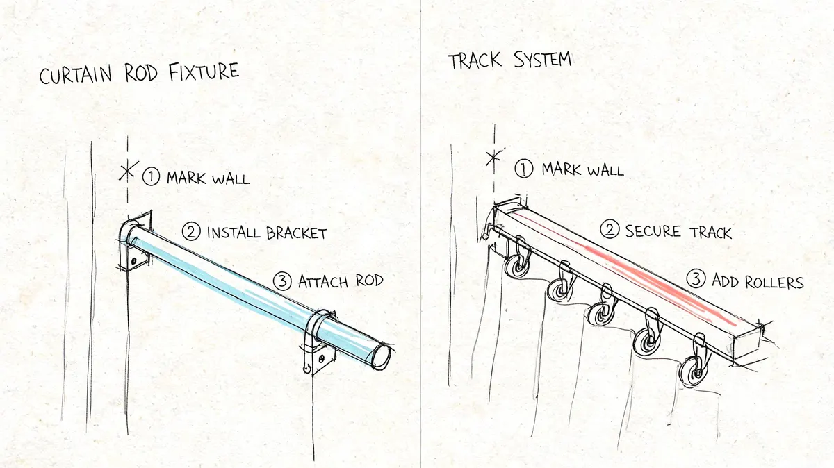 Illustrazione che mostra le differenze nell'installazione tra un bastone per tende tradizionale e un sistema a binario.