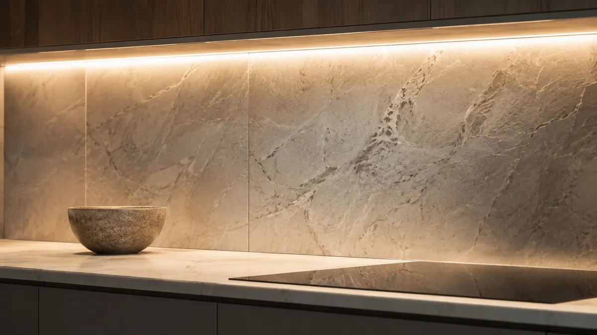 Dettaglio elegante di una cucina moderna con piano di lavoro in marmo, illuminazione a LED sottopensile e ciotola decorativa.