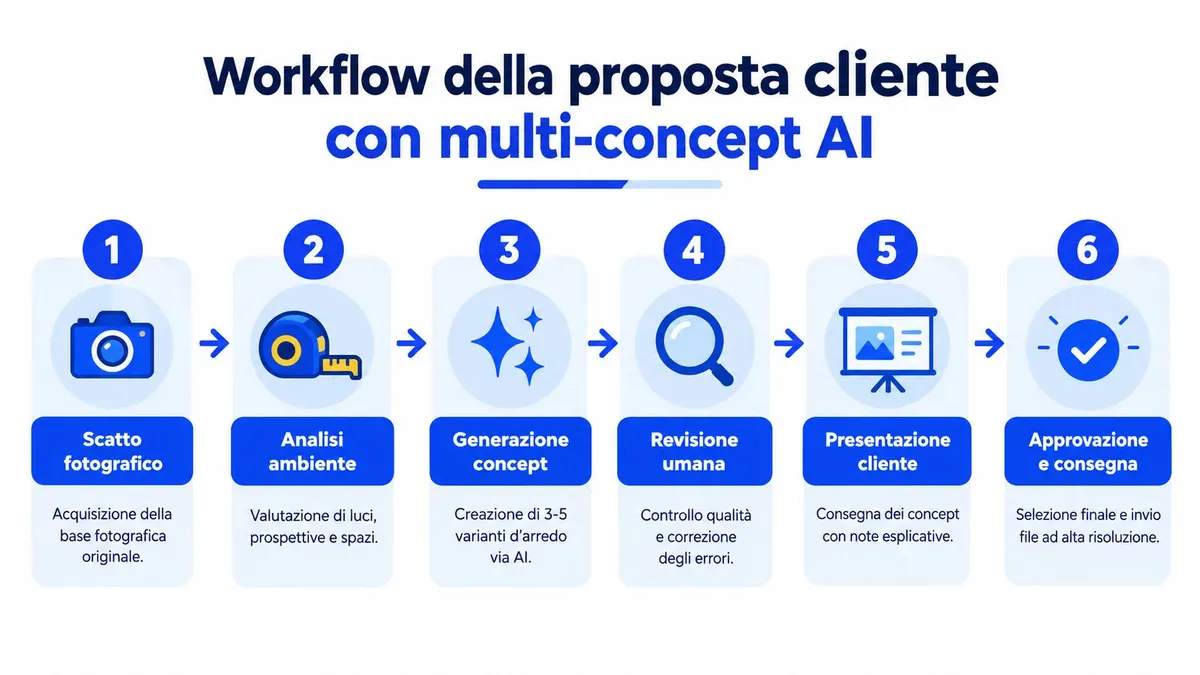 Infografica del flusso di lavoro per la proposta al cliente utilizzando il servizio di virtual staging con intelligenza artificiale.