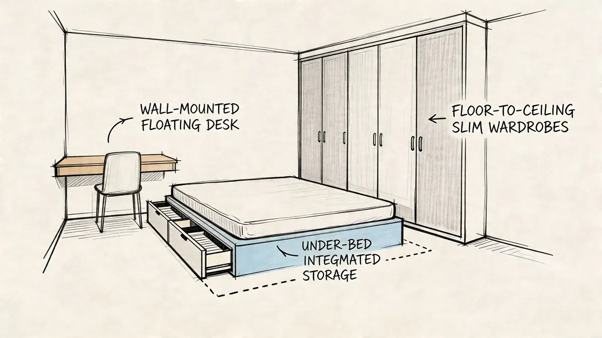 Schizzo di una camera da letto piccola con letto a contenitore, armadio a tutta altezza e scrivania sospesa.