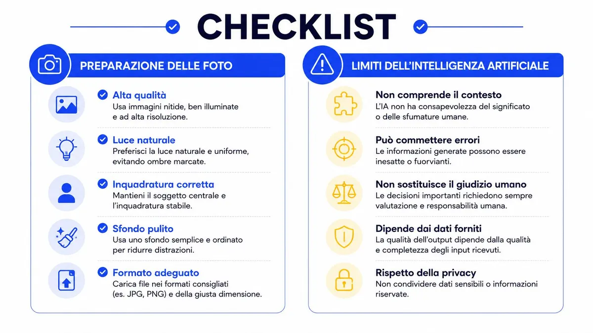 Una lista di controllo informativa che spiega la preparazione ottimale delle foto e i limiti dell'intelligenza artificiale.