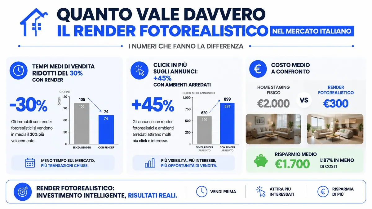 Infografica che mostra i vantaggi del render fotorealistico nel mercato immobiliare italiano, riducendo tempi e costi di vendita.