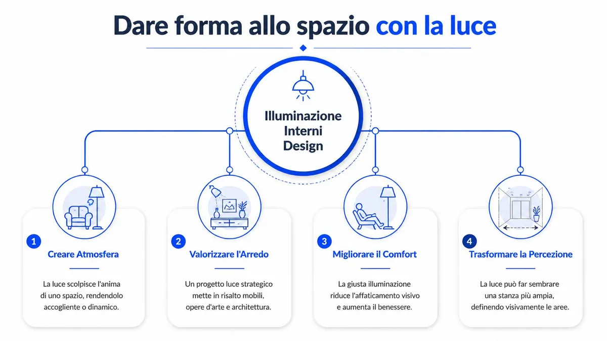 Infografica che spiega come l'illuminazione di interni design contribuisce a migliorare l'atmosfera, l'arredo, il comfort e la percezione spaziale.