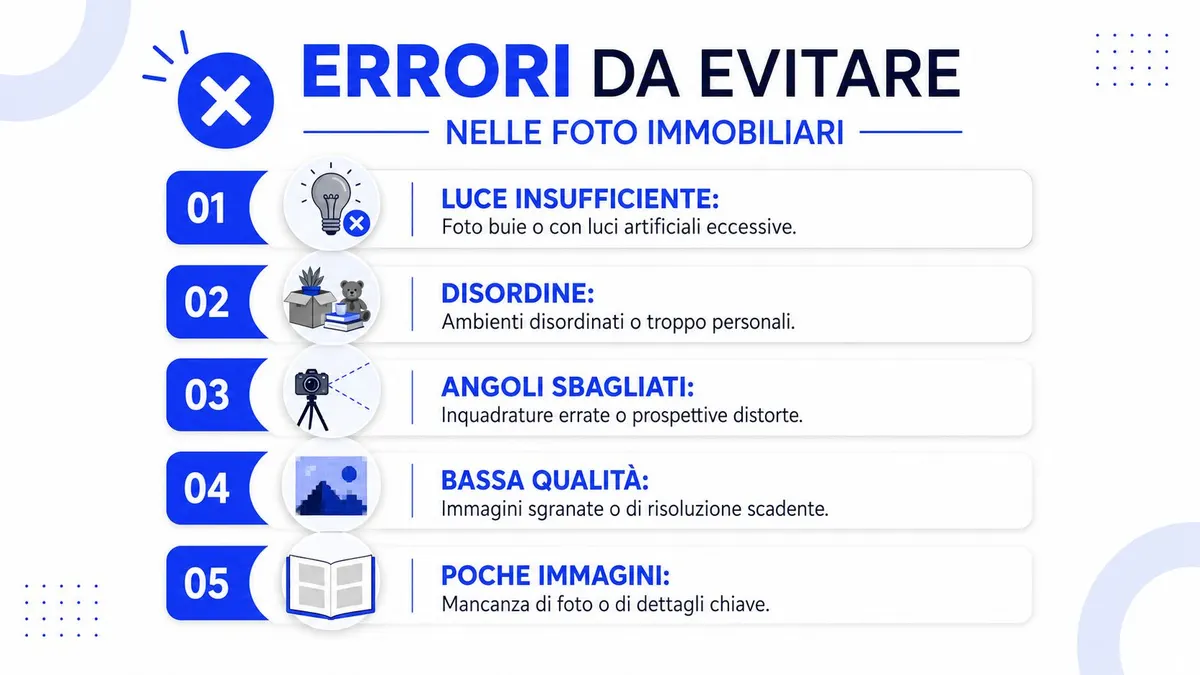 Infografica con cinque errori comuni da evitare durante la realizzazione di fotografie per immobili in vendita.
