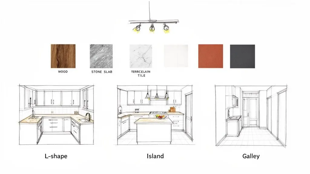 Opzioni di design per cucina con materiali (legno, pietra, piastrelle) e layout (a L, isola, a corridoio).