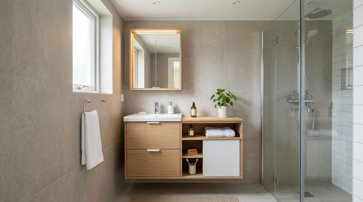 Bagno piccolo e moderno con mobile in legno, doccia a vetri e piastrelle color tortora sulle pareti.