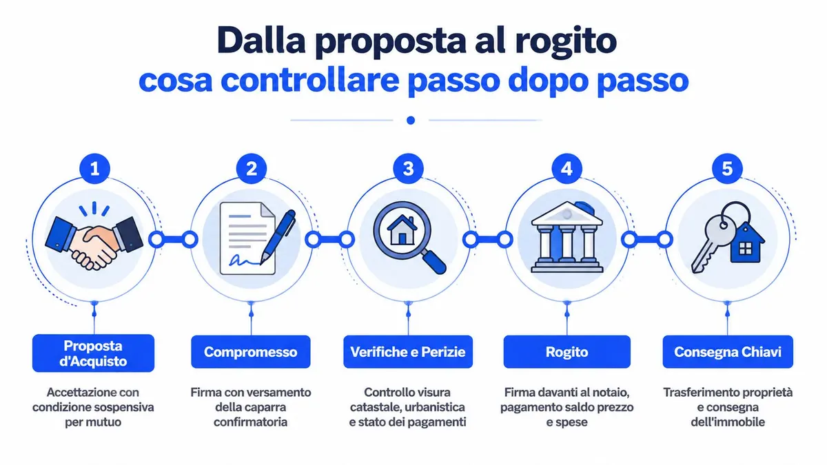 Infografica illustrata con i cinque passaggi fondamentali per completare la vendita di una casa indipendente.